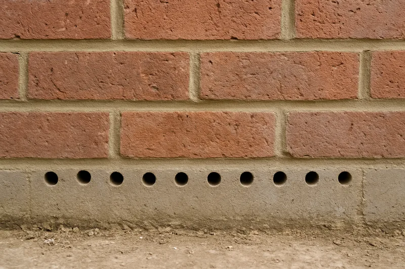 A row of evenly spaced drilled holes along a mortar course at the base of a brick wall — damp-proof course options, Adelaide. Illustrative example.