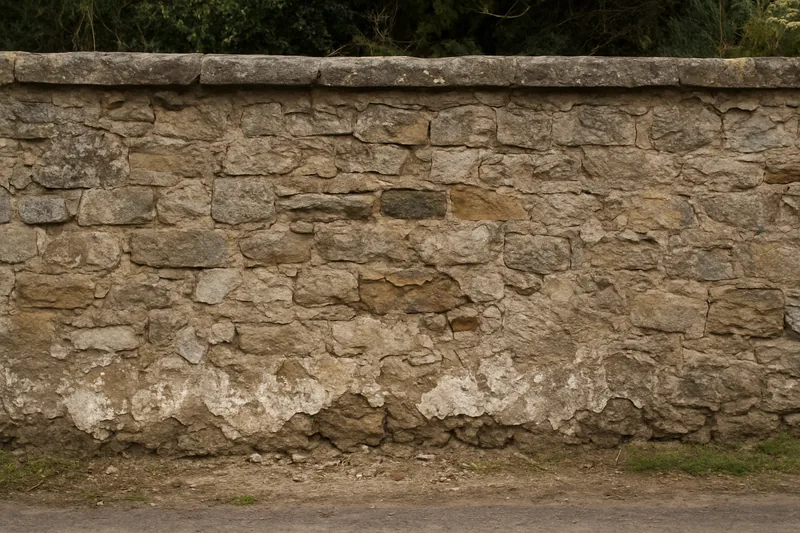 An old rubble stone boundary wall with flaking stone near the ground — salt damp treatment, Adelaide. Illustrative example.