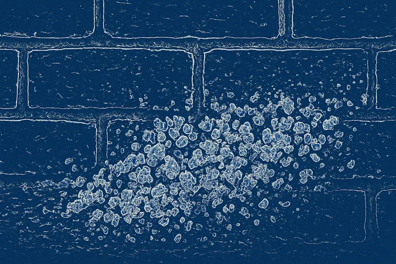 A close view of white salt crystals on the surface of a brick — why Adelaide has salt damp, Adelaide. Illustrative example.